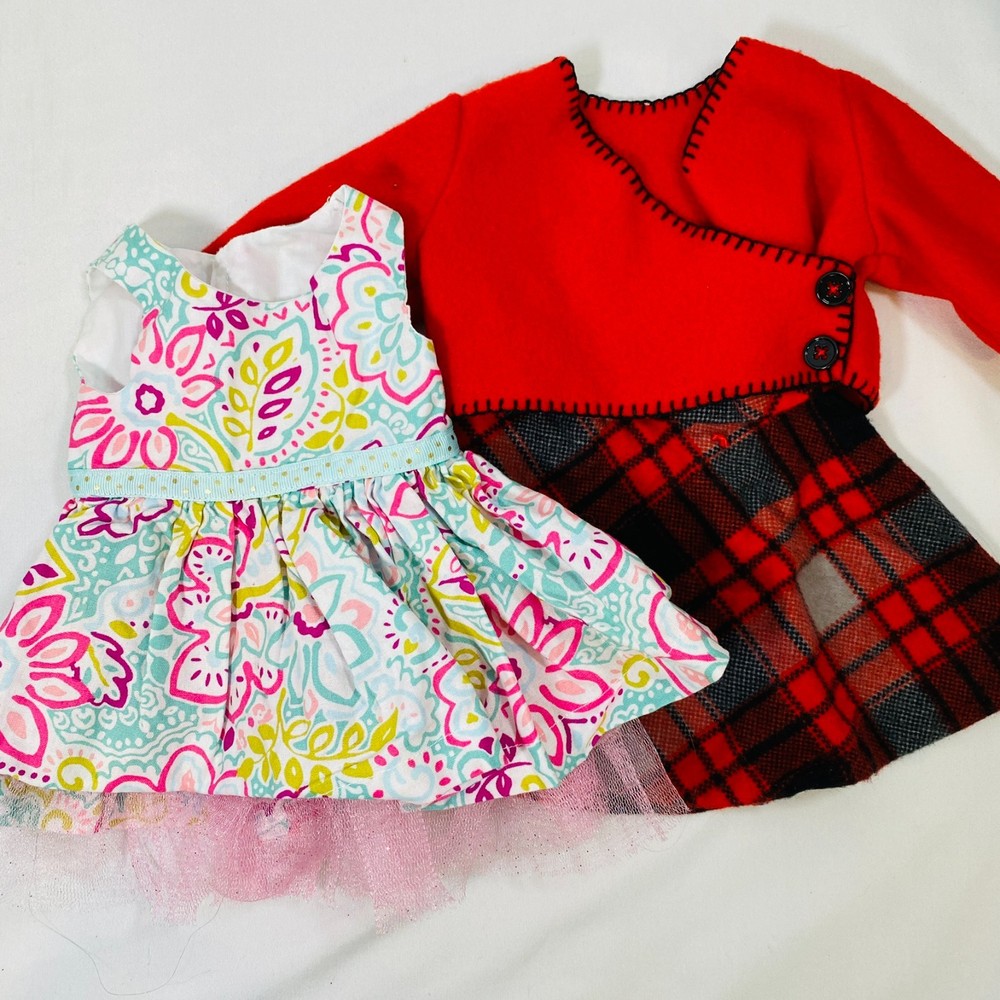 Handmade Red Plaid Winter Set with Floral Dress for 18