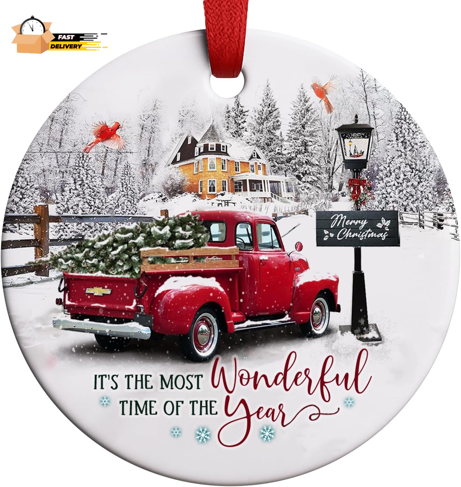 Red Truck Christmas Ornaments Farmhouse Decorations, It'S the Most Wonderful Ti