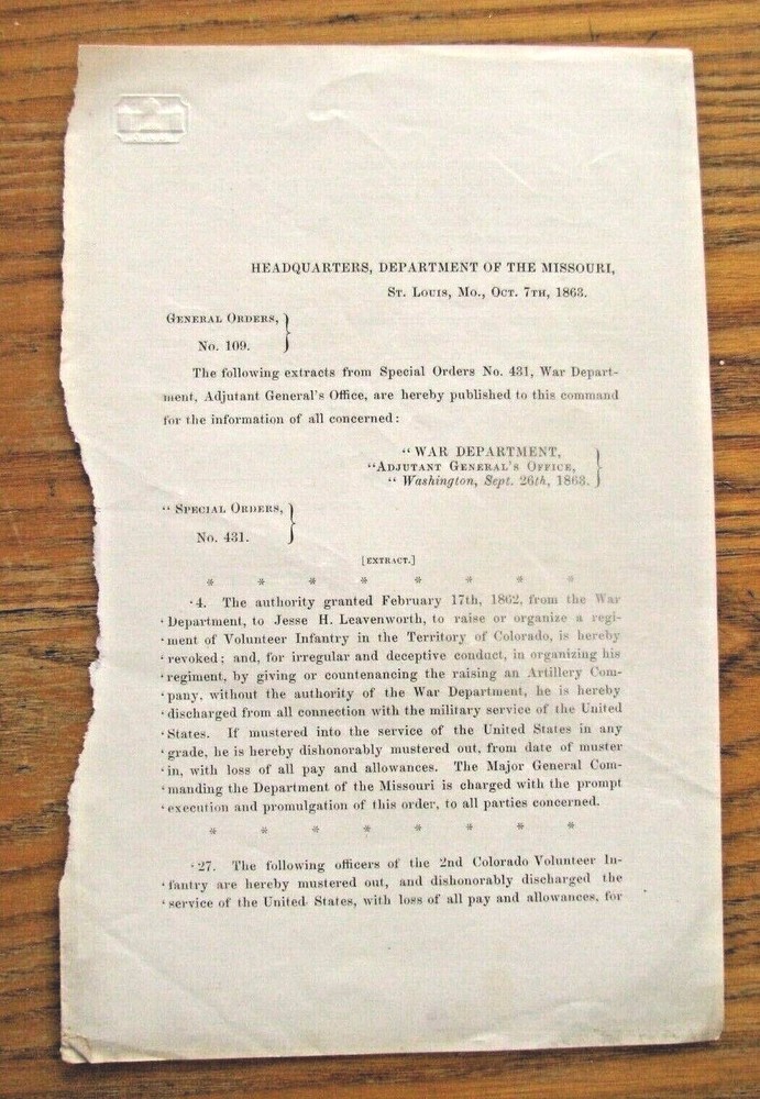 CIVIL WAR DENVER COLORADO RANGERS COLONEL JESSE LEAVENWORTH ORDER 1863