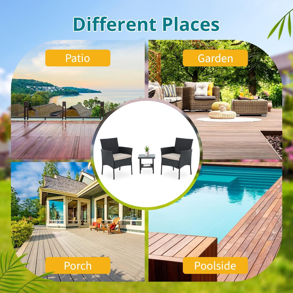 3-Piece PE Rattan Patio Set with Table & Chairs for Outdoor Porch