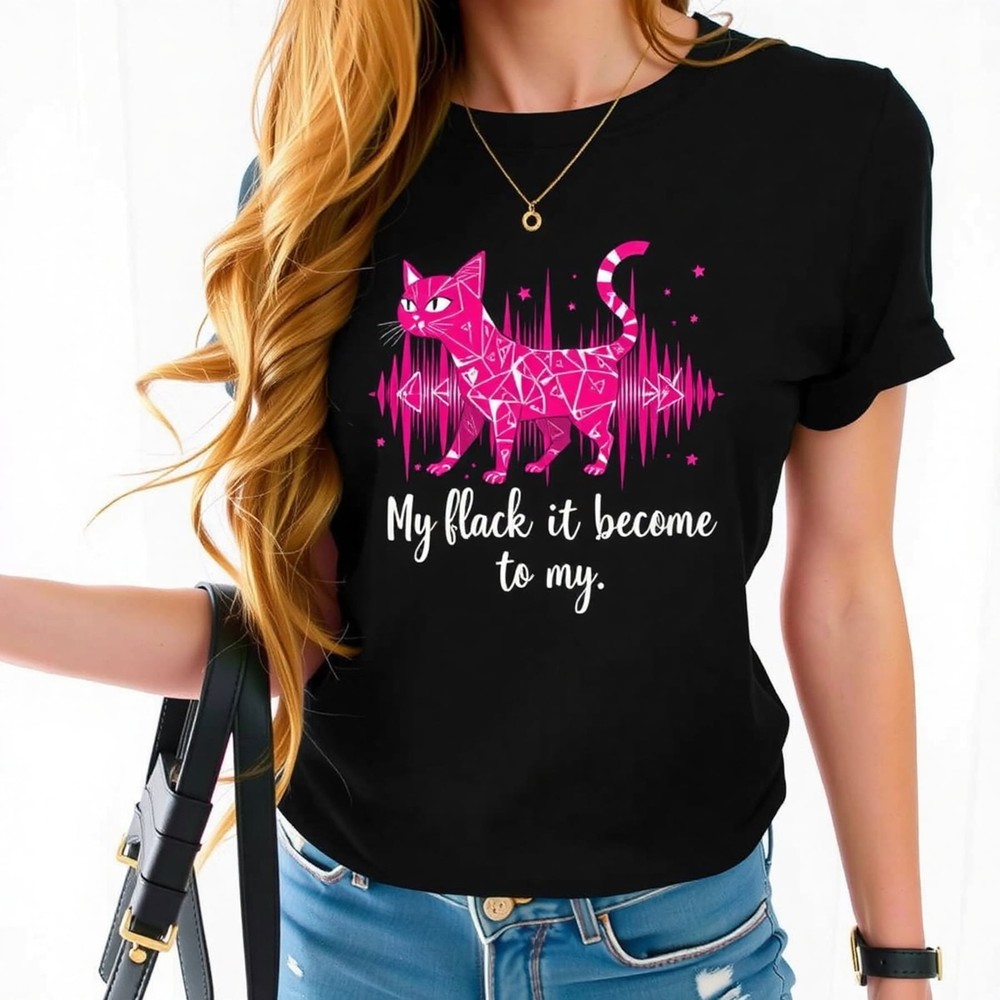 Trendy Black T-Shirt with Pink Geometric Cat Design & Unique Quote
