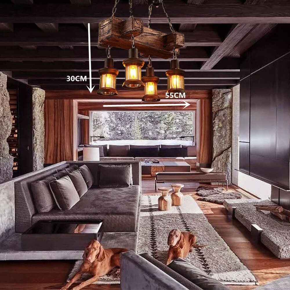 Rustic 4 Heads Chandelier Wood Industrial Ceiling Lamp Pendant Light Fixture USA