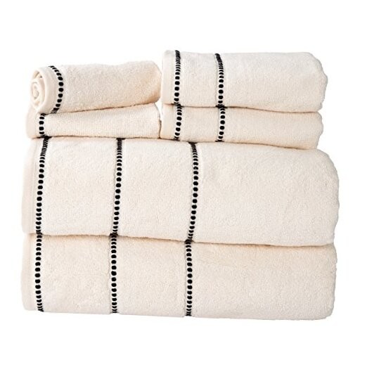 6PC 525GSM Cotton Towel Set - 2 Bone & Black Bathroom Essentials