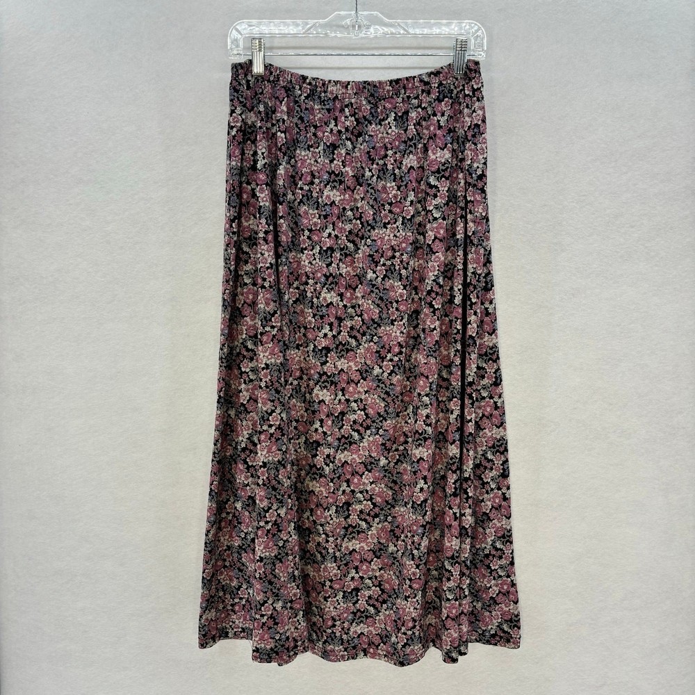 Floral Maxi Skirt XL Pink Purple Black Elastic Waist Cottagecore Boho Casual