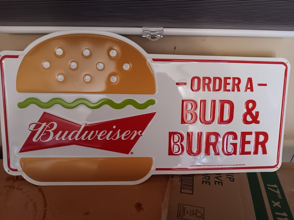 Budweiser Metal Beer Sign Bud & Burger