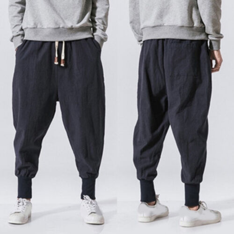 Men's Harem Pants Japanese Cotton Linen Elastic Waist Loose Casual Trouse ~