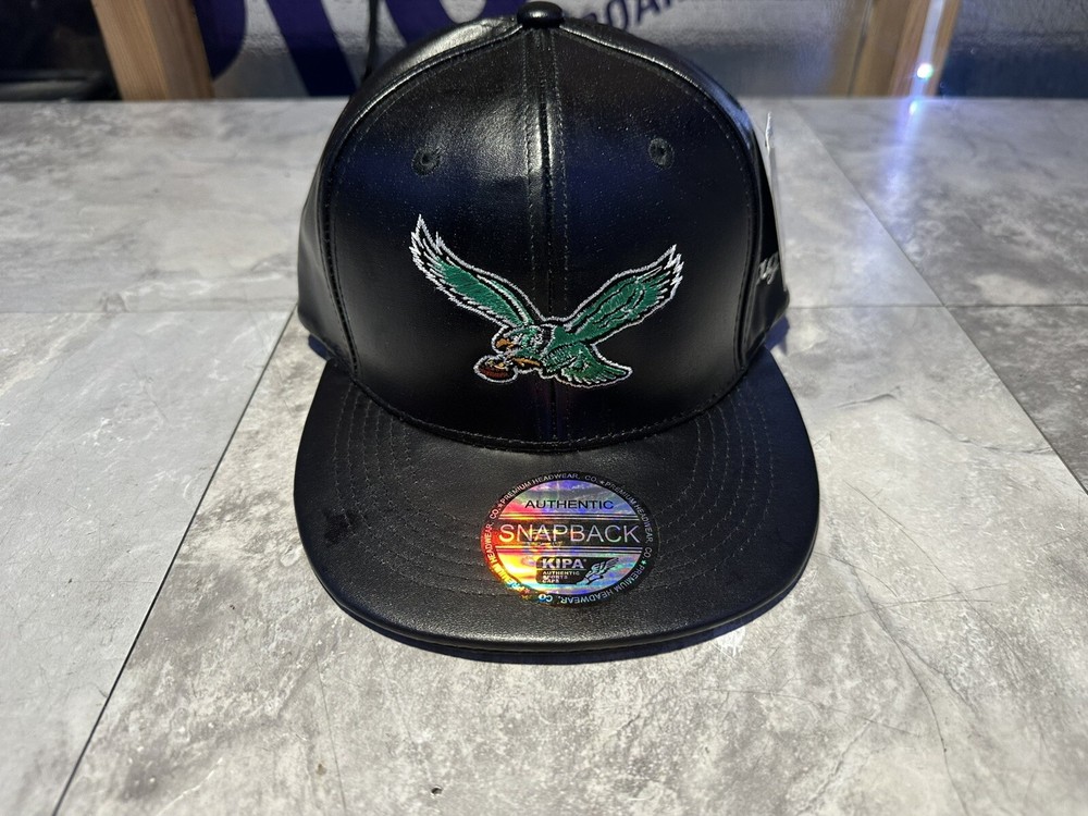 NWT Kipa Premium Philadelphia Eagles Throwback Black Leather SnapBack Hat. Cap