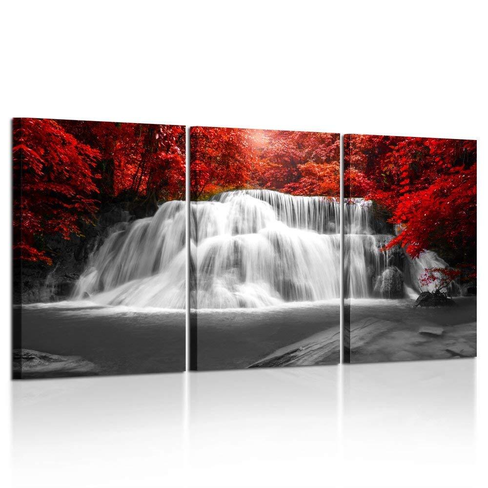 Black White Red 3-Piece Canvas Wall Art Waterfall Forest Print