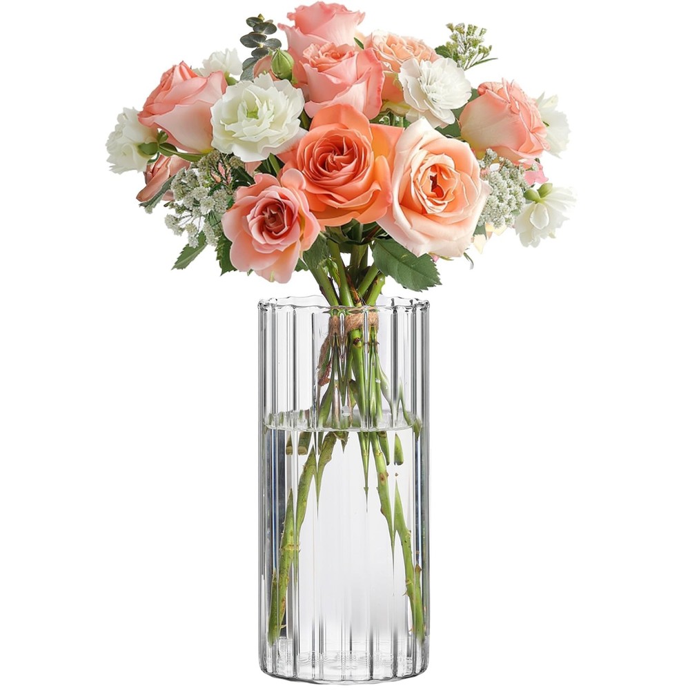 Glass Cylinder Vases, Bud Vase for Centerpieces, 8 Inch Tall Ribbed Vase Hurr...