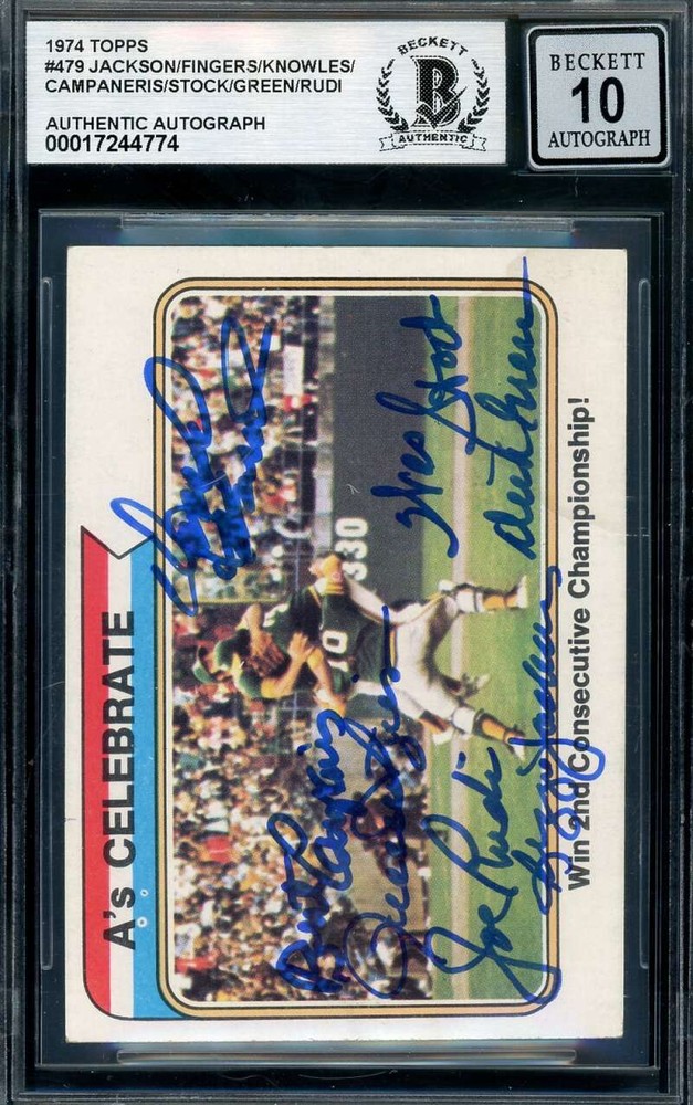 Jackson Fingers Campaneris Rudi Gem Mint 10 Beckett BAS Signed by 7 1974 Topps