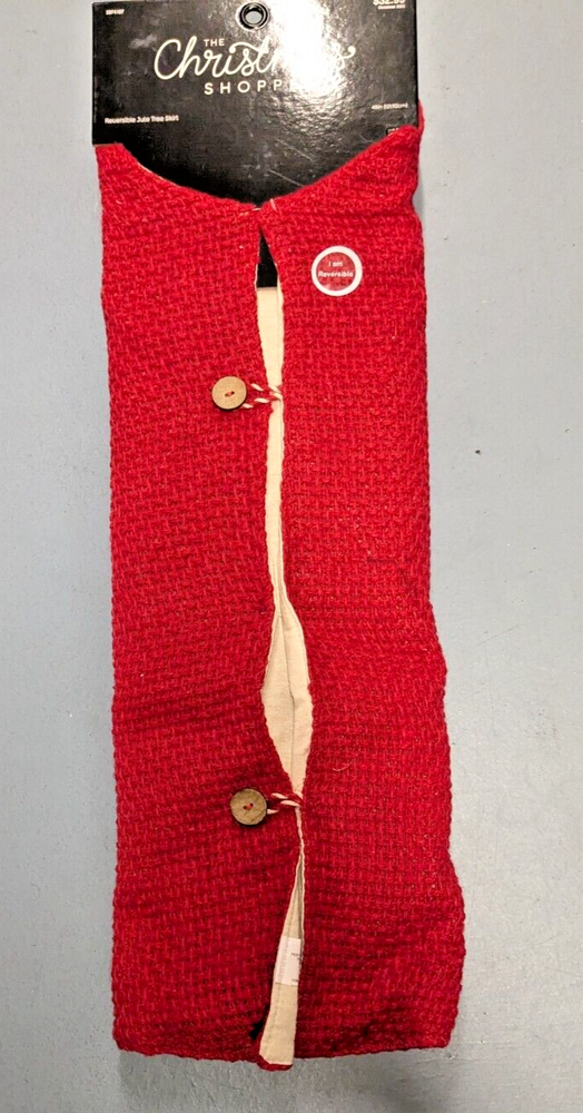 Reversible Red and Tan Jute Christmas Tree Skirt 48 Inch with Button Closure