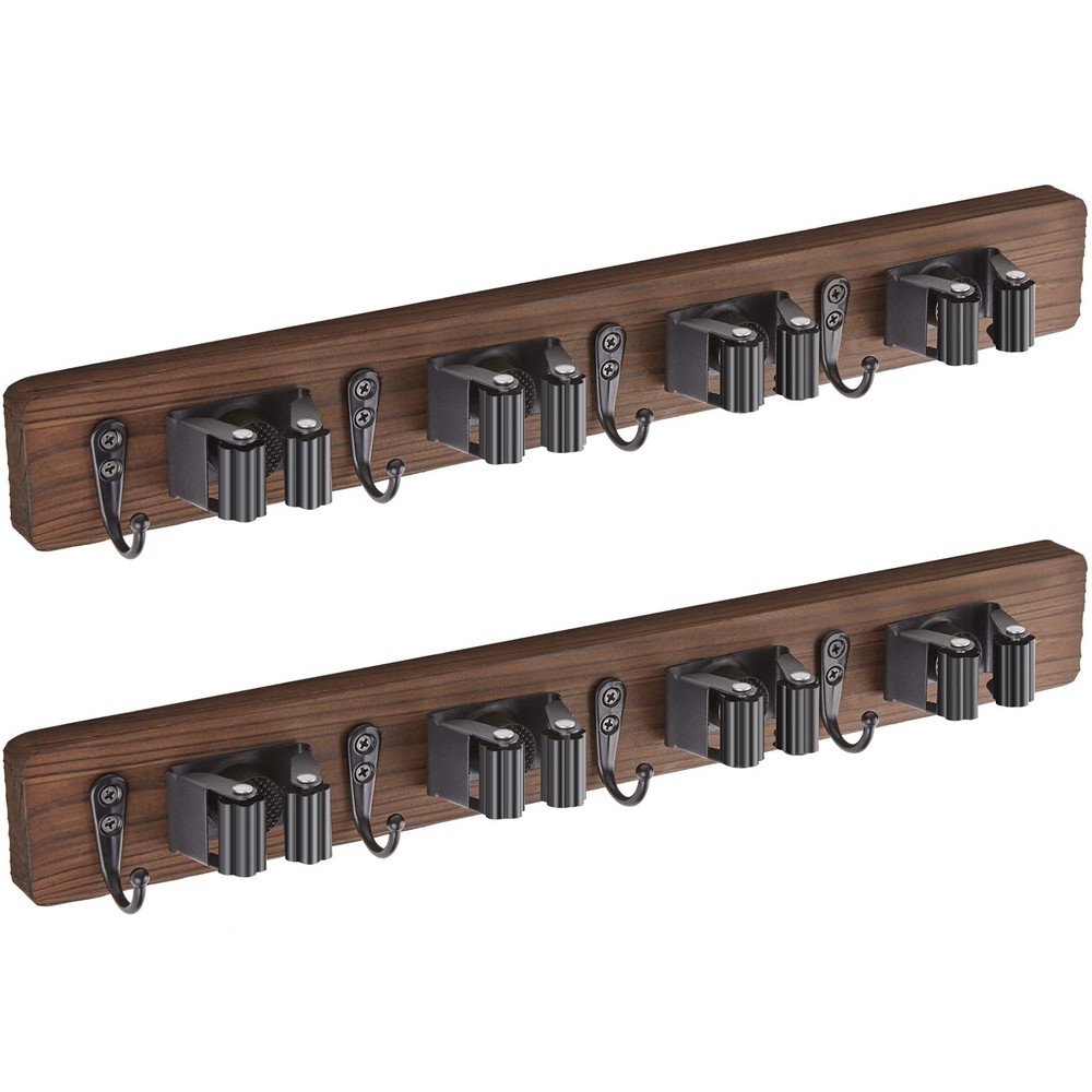 2 Pack Mop Broom Holder Wall Mount - Wood Broom Mop Hanger - Wall Mounted Gar...