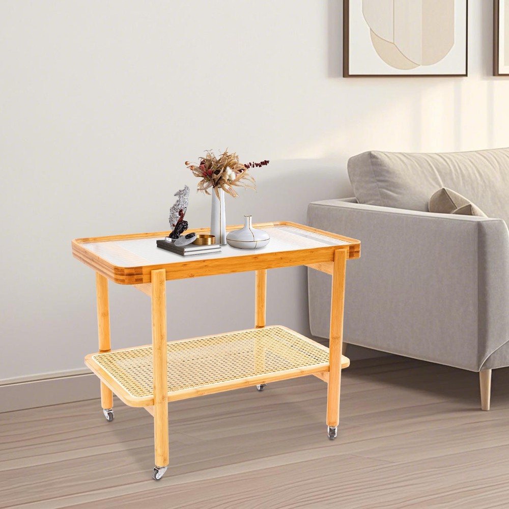 Modern Bamboo Coffee Table with Tempered Glass, Resin Shelves & Wheels