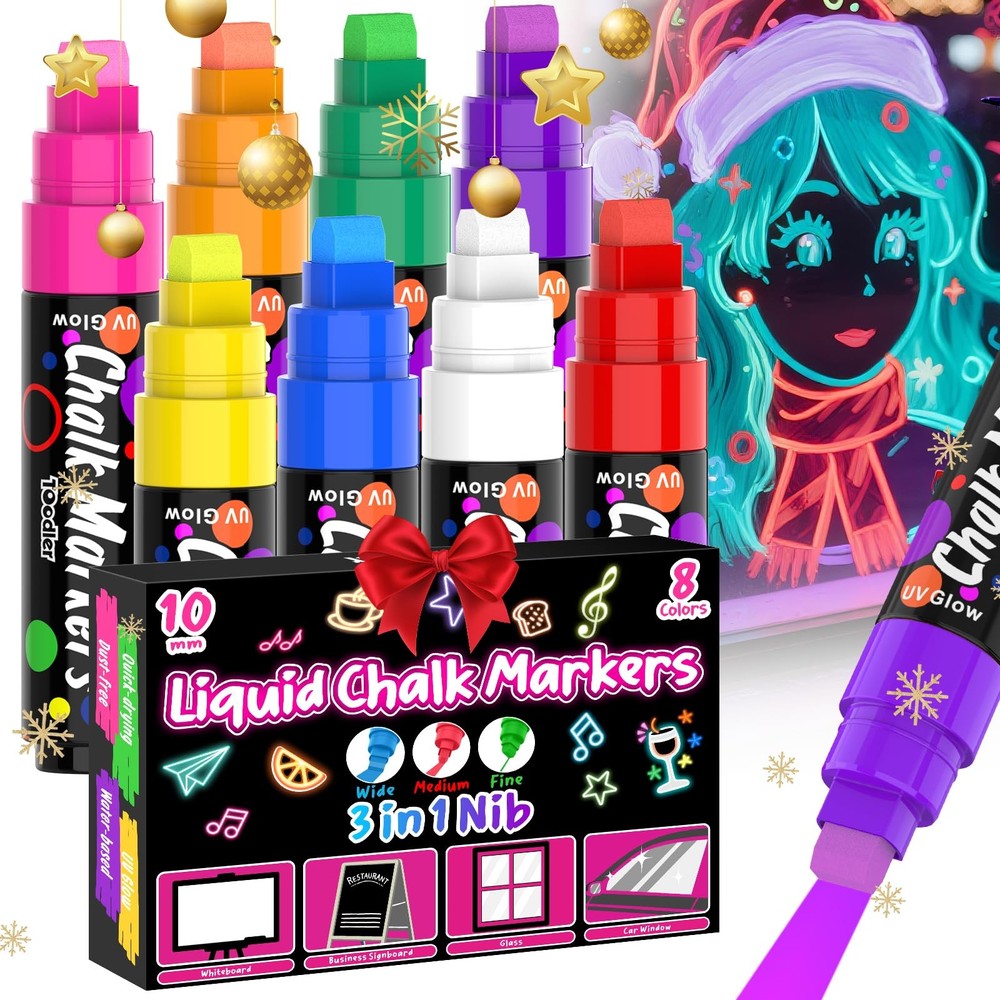 8 UV Neon Chalk Markers Glow in the Dark under Blacklight, Jumbo Liquid Chalk...