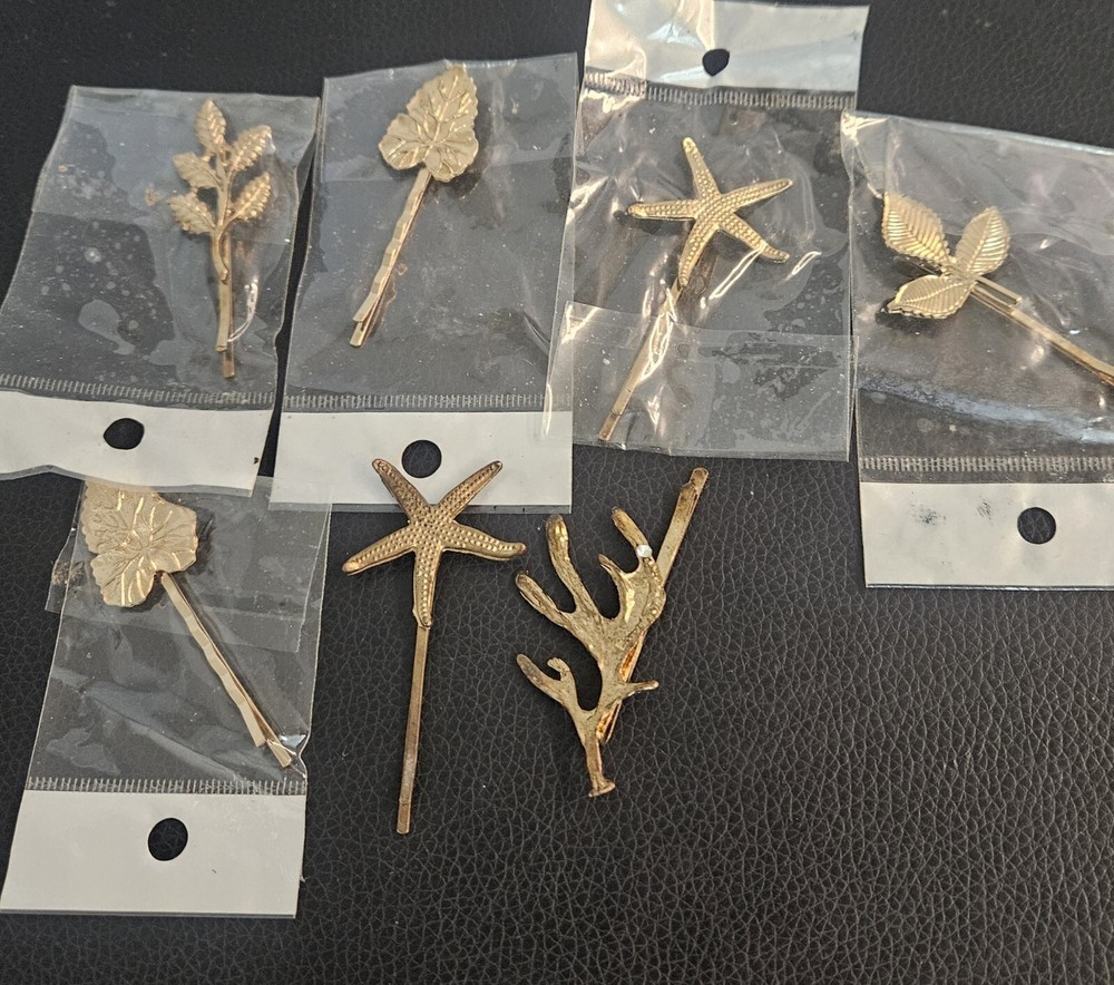 4 LEAF, 2 Star Fish, 1 Coral GOLD TONE METAL BOBBY PINS UP DO HAIR ACCESSORY
