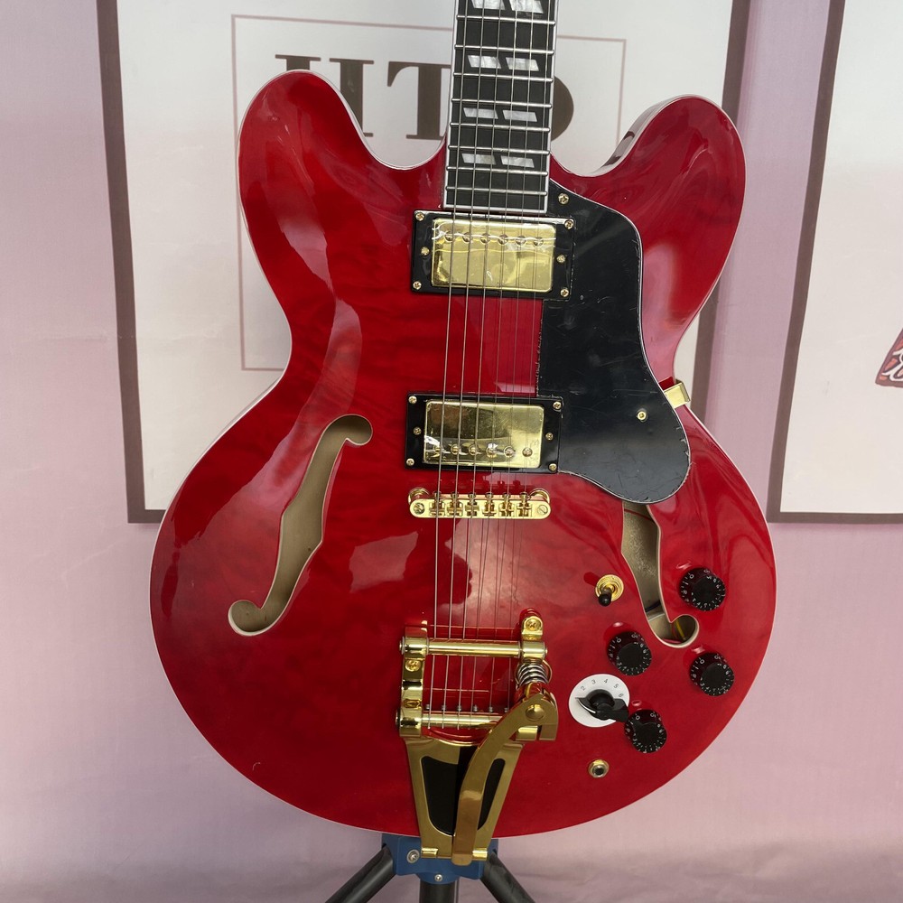 Red Semi-Hollow Electric Guitar with Quilted Maple Top and Gold Hardware  