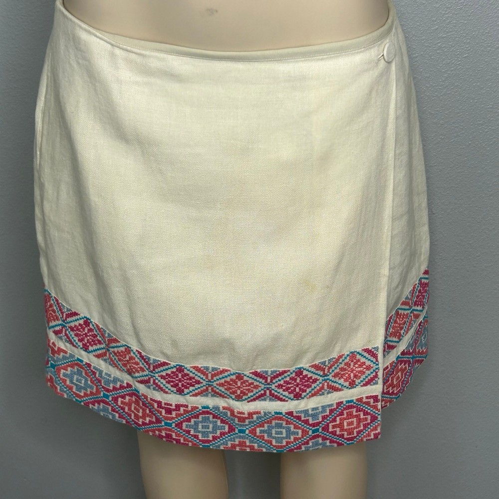 Tory Burch Cream Linen Blend Skirt with Embroidered Hem Size 10 designer, casual