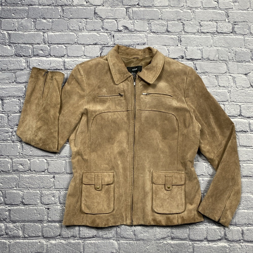 Alfani Genuine Suede Leather Jacket Women's Size XL Tan Full Zip Boho Minimalist
