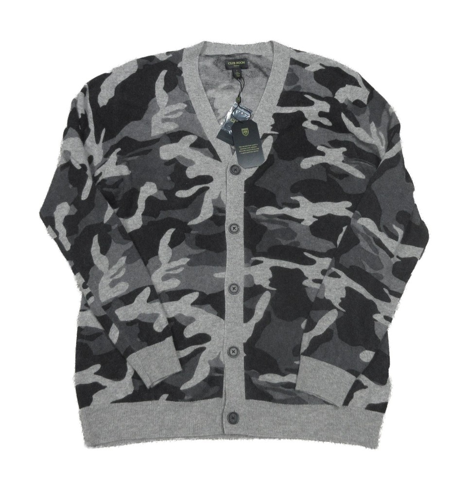 Club Room Men's Deep Black Multi Camo Print Cashmere V-Neck Cardigan Sweater L