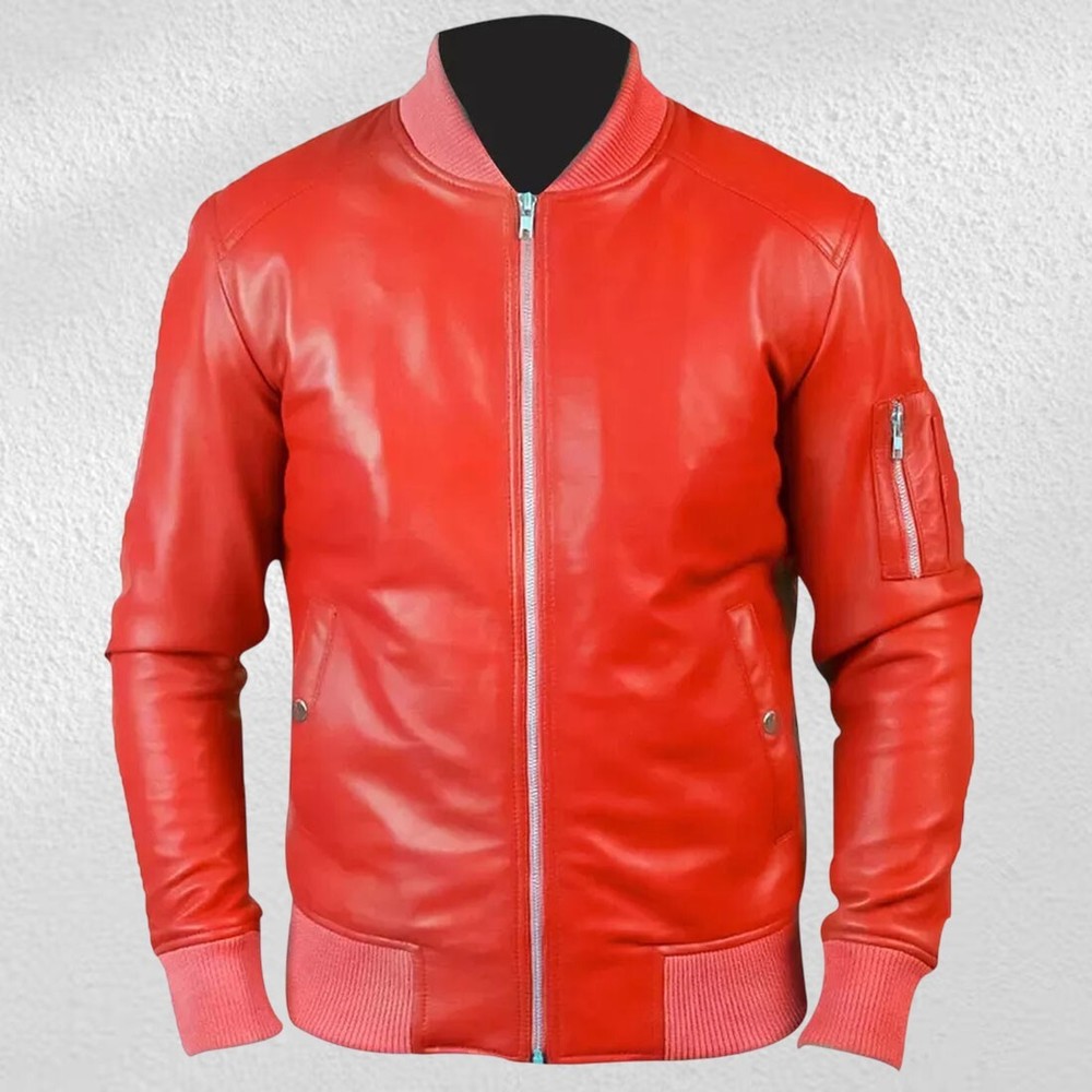 Men's Slim Fit Orange Bomber Motorcycle Jacket in Lambskin Leather