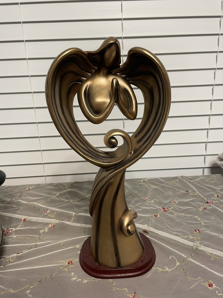 Angel Faux Bronze Sculpture Statue Wood Base Figurine Decor Large 15” Heavy
