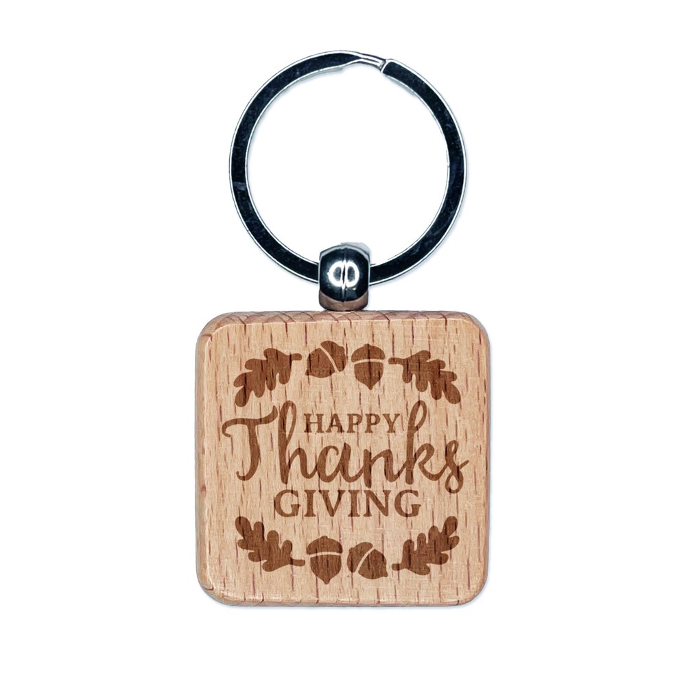 Happy Thanksgiving Oak Leaves Acorns Engraved Wood Square Keychain Tag Charm