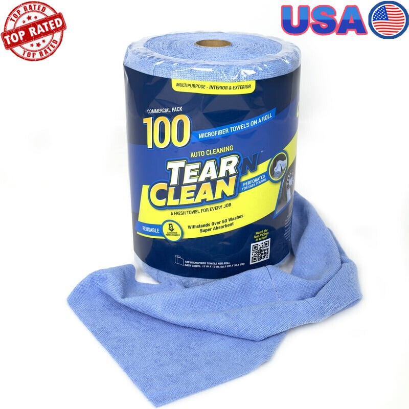 100-Pack Heavy-Duty Blue Microfiber Towel Roll for Commercial Cleaning & Detailing