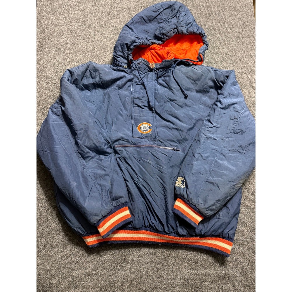 Vintage Starter Chicago Bears NFL Puffer Jacket Mens Large Navy Blue Half Zip