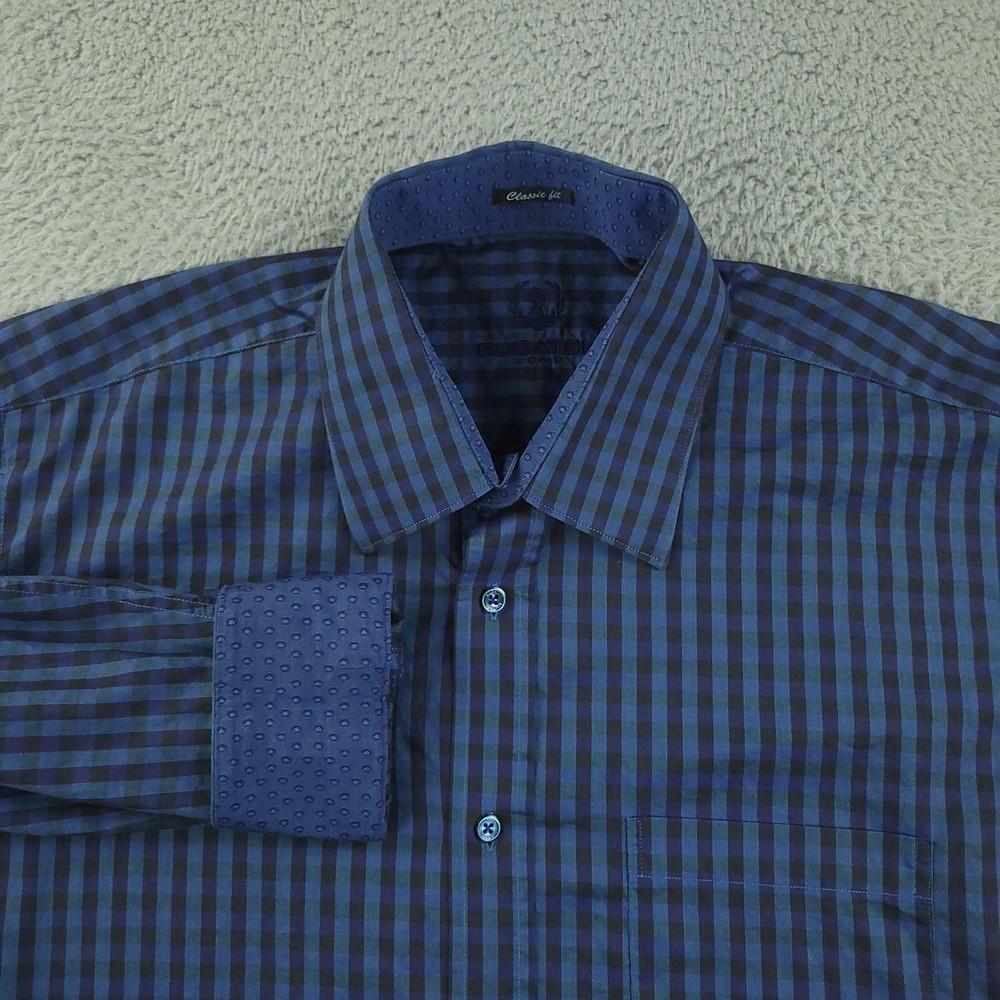 Bugatchi Uomo Shirt Mens XL Blue Check Classic Fit Long Sleeve Button Front