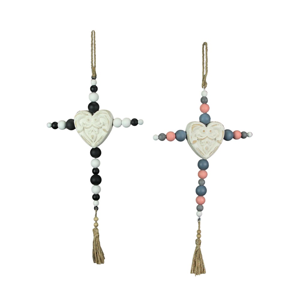 19 Inch Wooden Bead Cross Wall Hanging Home Decor Modern Decorative Art Set of 2