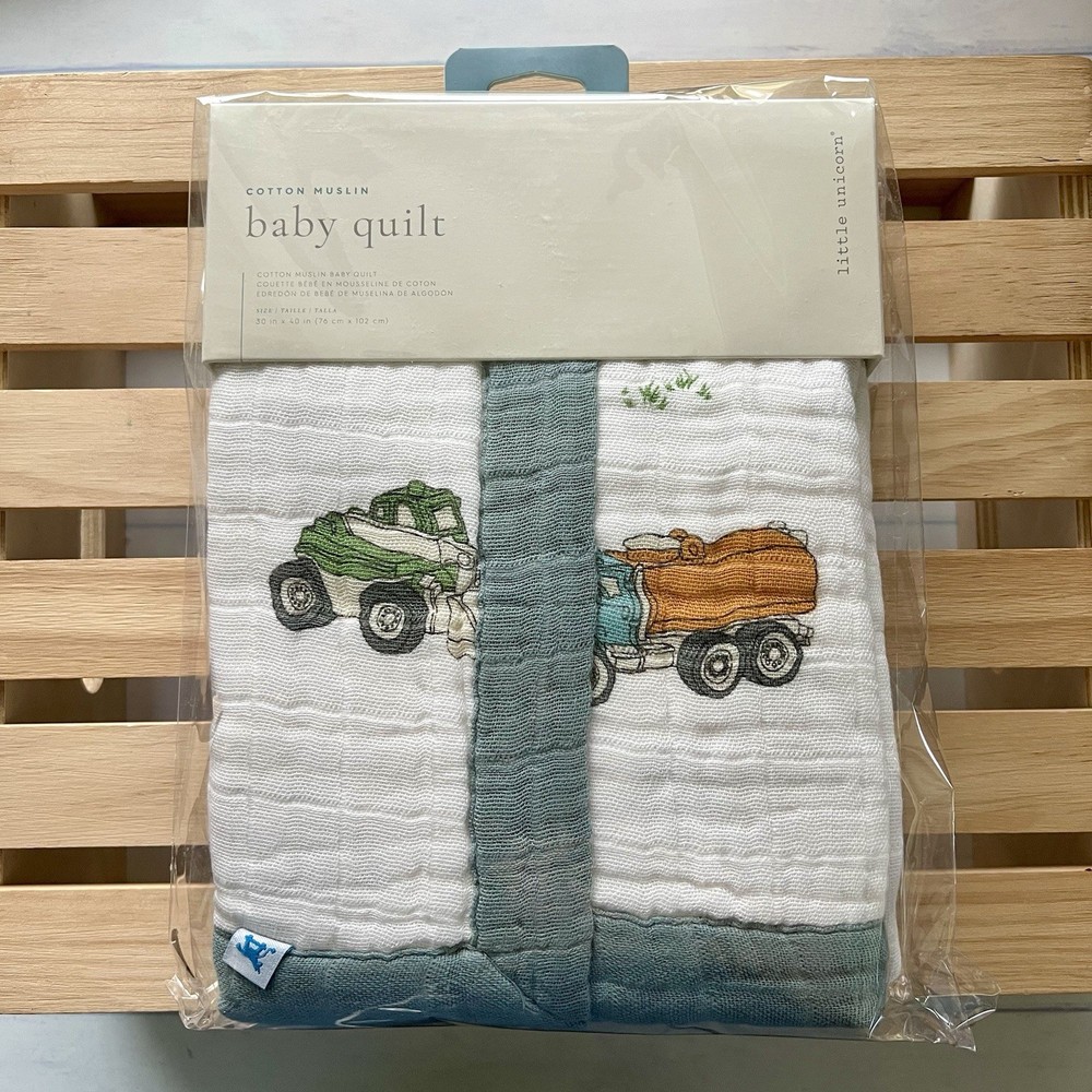 NIB Little Unicorn Cotton Muslin Baby Quilt In Work Truck (30*40in Construction
