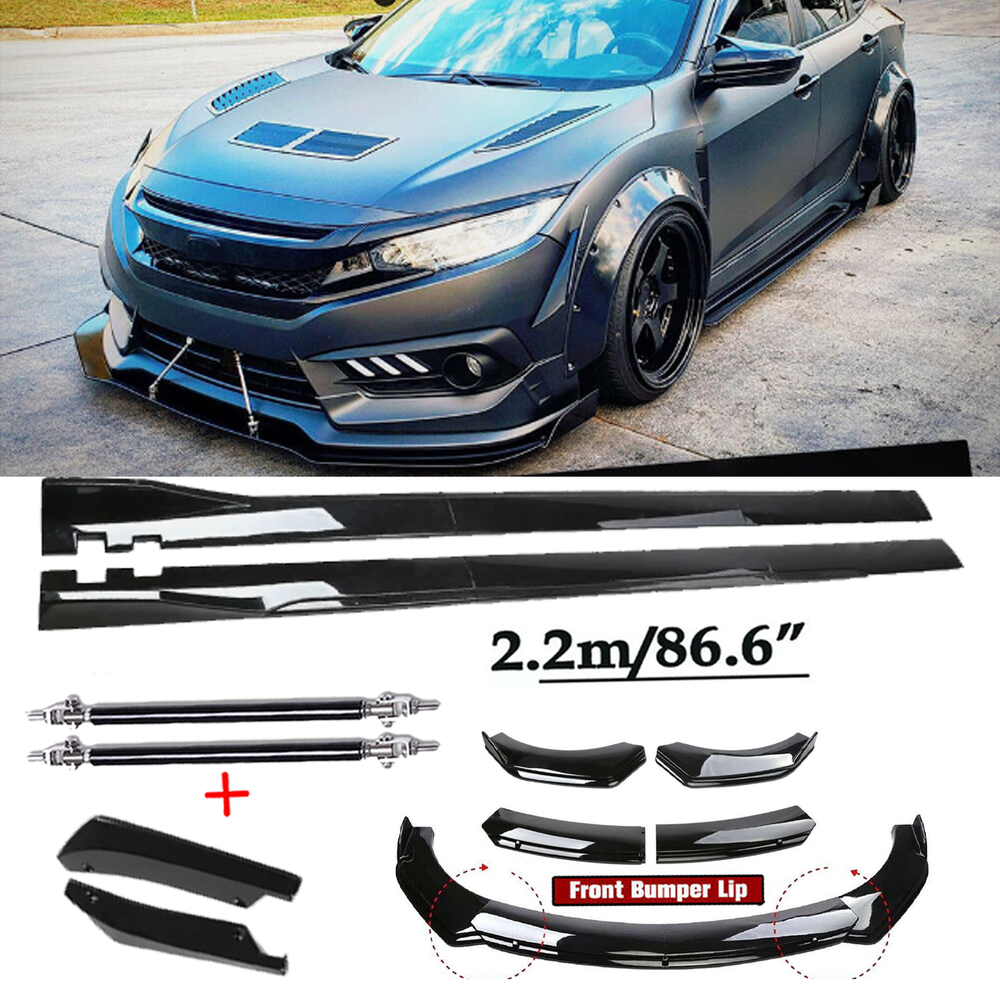 For Honda Civic 2006-2011 Front Bumper Spoiler Body Kit /Side Skirt Glossy Black