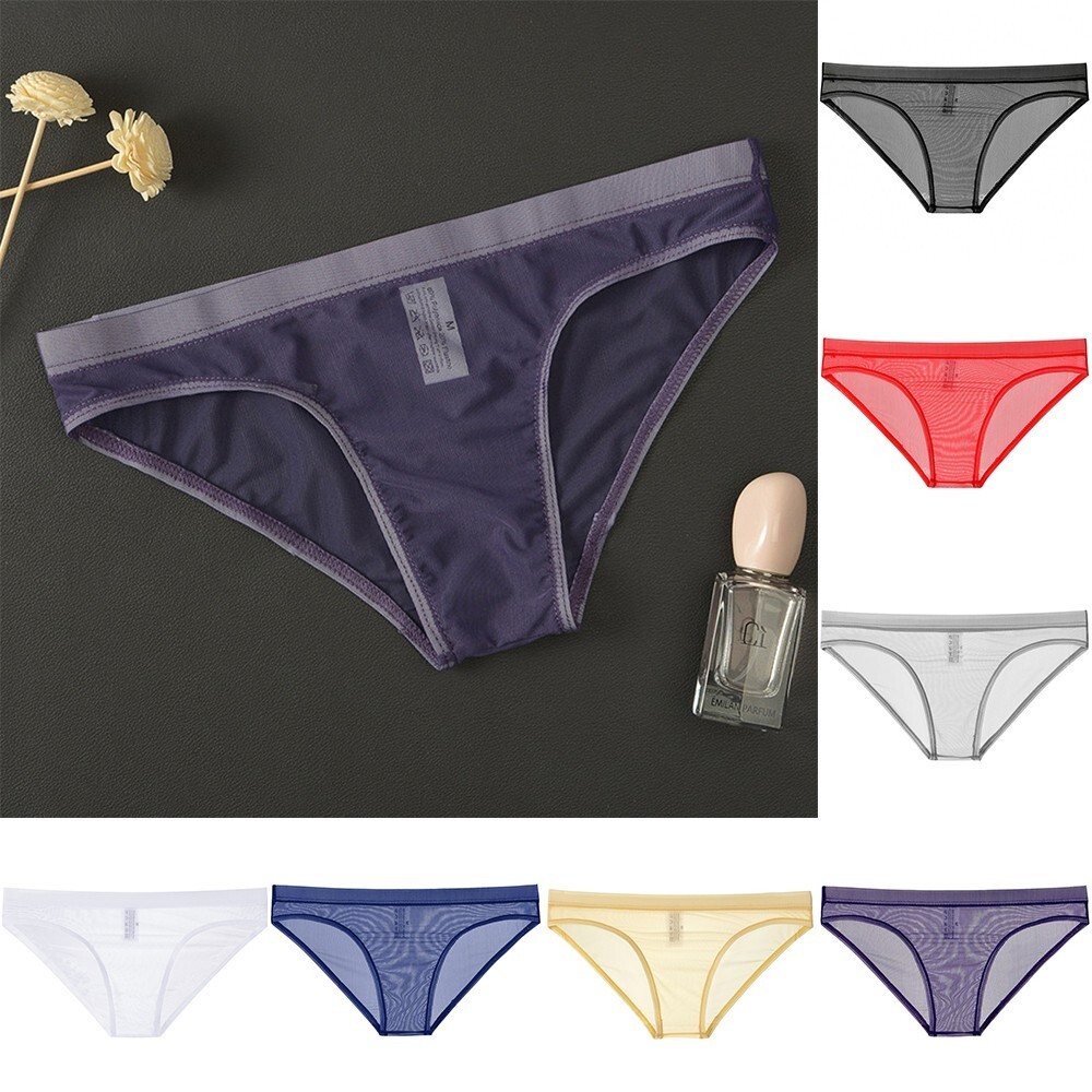 Men Sexy Mesh See Through Underwear Plain Thong Bikini Briefs G-String Knickers