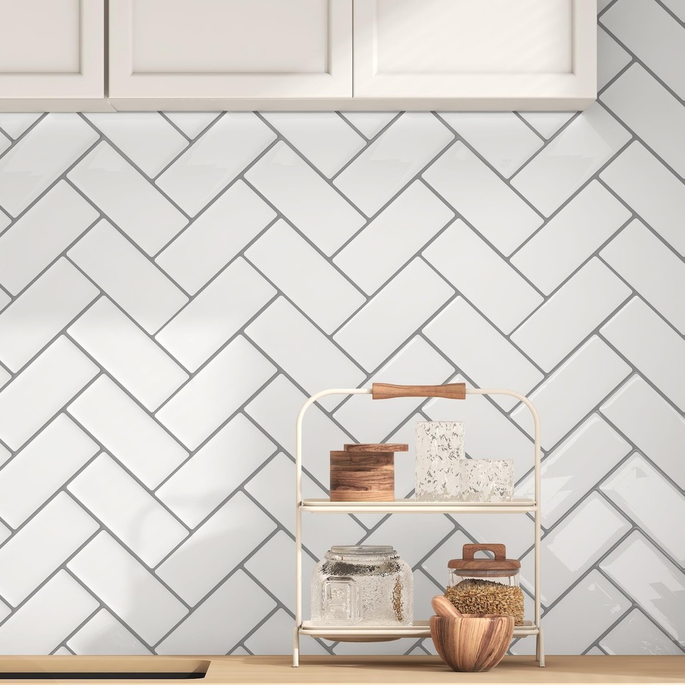 20-Sheet White Marble Herringbone Peel and Stick Backsplash 12x12 PVC