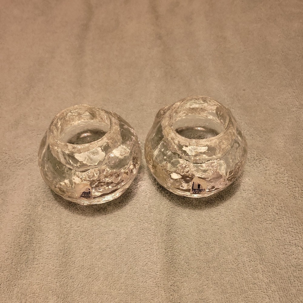 2 Vintage Pilgrim Clear Glass Snowball Ice Votive Candle Holder Paper Weight