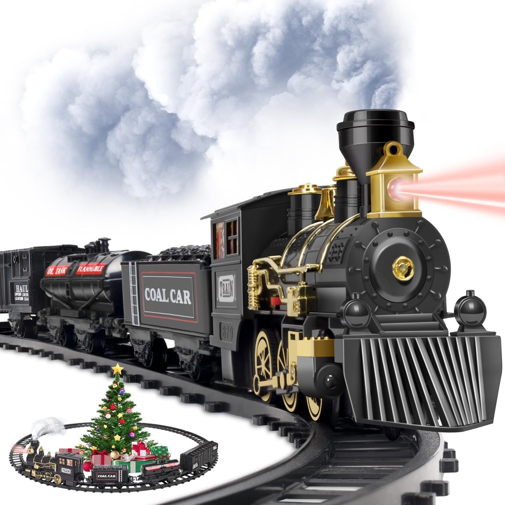Train Set, Electric Black Train with Water Steam, Sounds & Lights, Model Christm