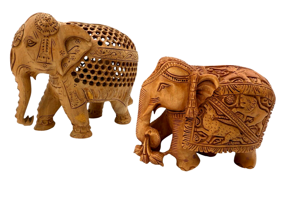 Vintage Hand-Carved Sandalwood Figurine Pair - Antique Wooden Sculpture Statue