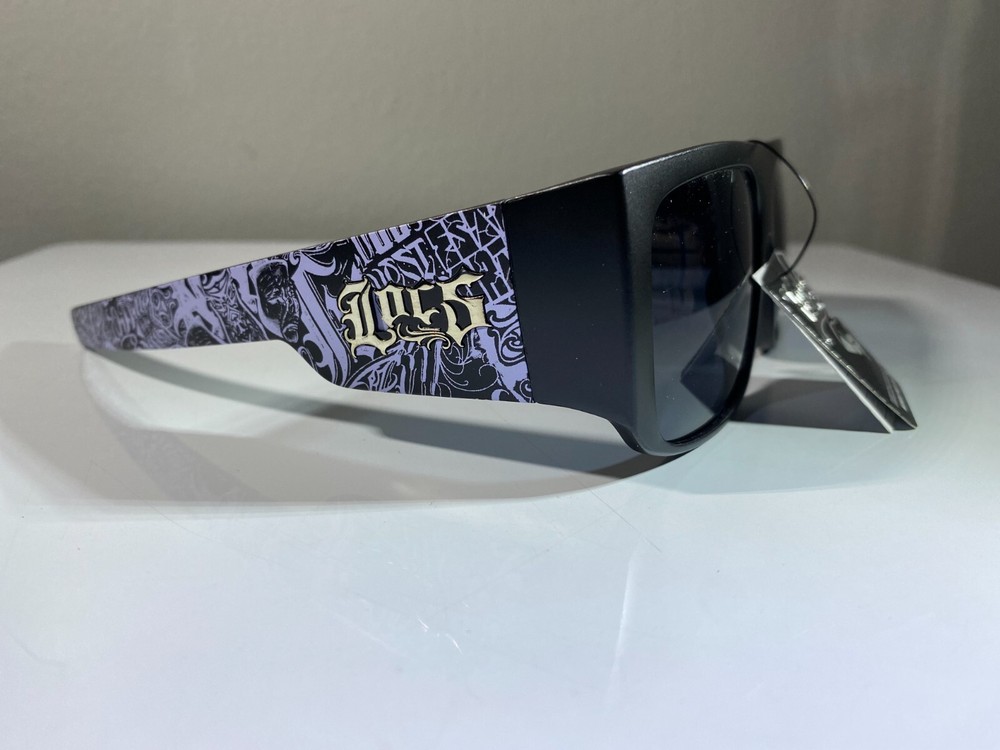 Men's smoke black lens sunglasses with graffiti purple black side arms