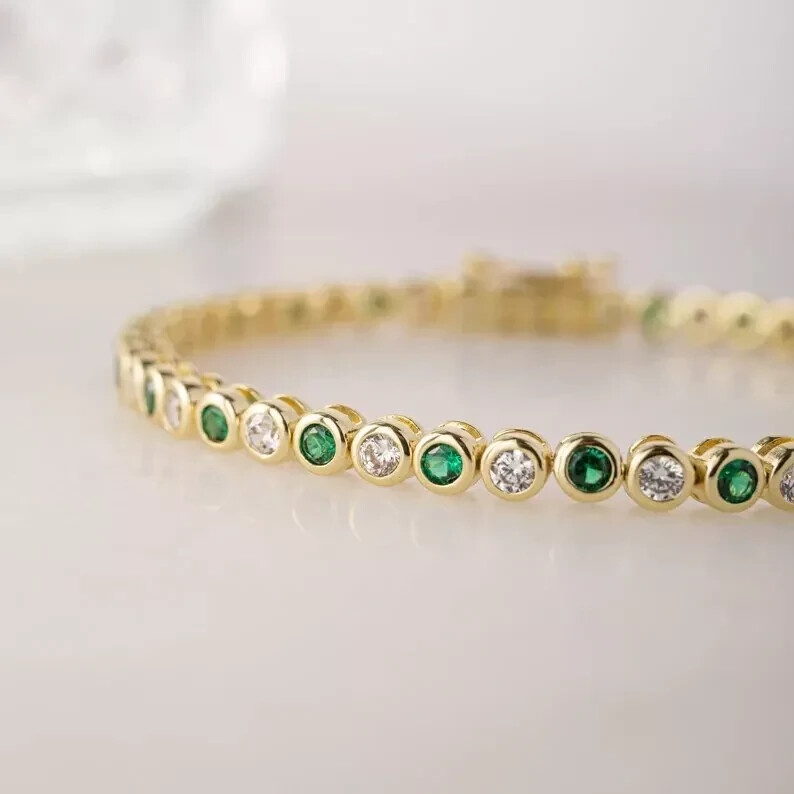 Tennis Bracelet 14K Yellow Gold Plated 5Ct Lab Created Green Emerald & Diamond