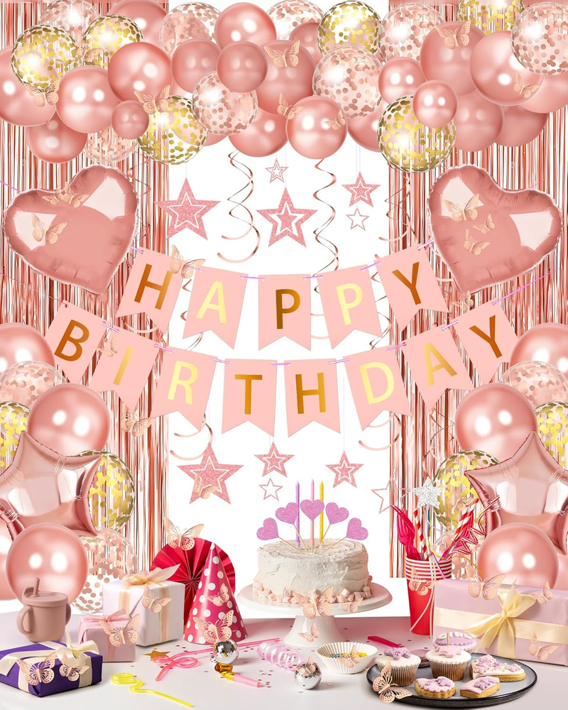 Rose Gold Happy Birthday Party Decorations, Happy Birthday Banner, Rose Gold Foi