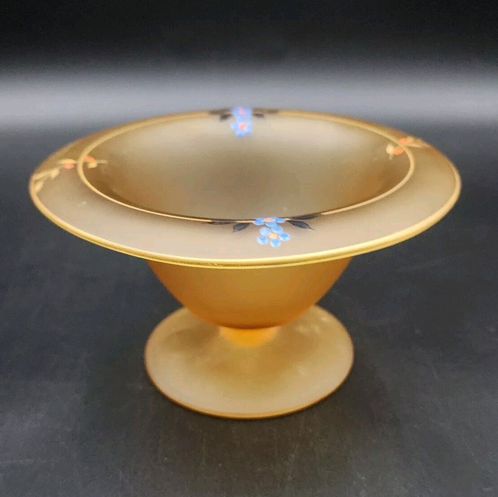 Mayonnaise Bowl Compote Pedestal Hand Painted Frosted Satin Amber Vintage 7