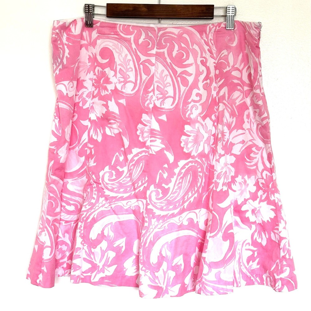 Chaps Skirt Women's Size 16 Pink White Floral Paisley Cotton Zipper