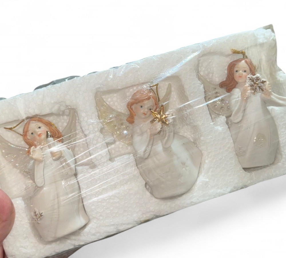 Set of 3 Vintage Porcelain Angel Figurines with Gold Star