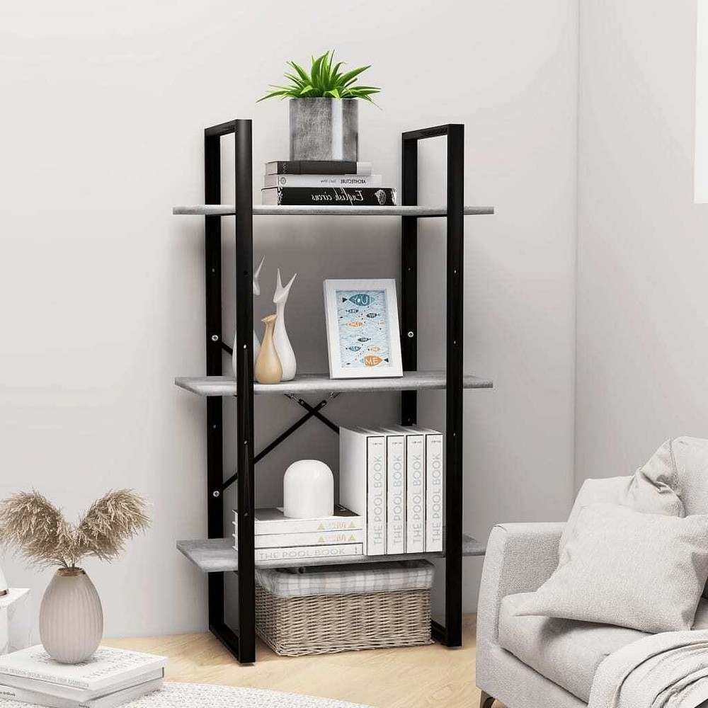 Concrete Grey Metal and Wood Storage Shelf for Home or Office