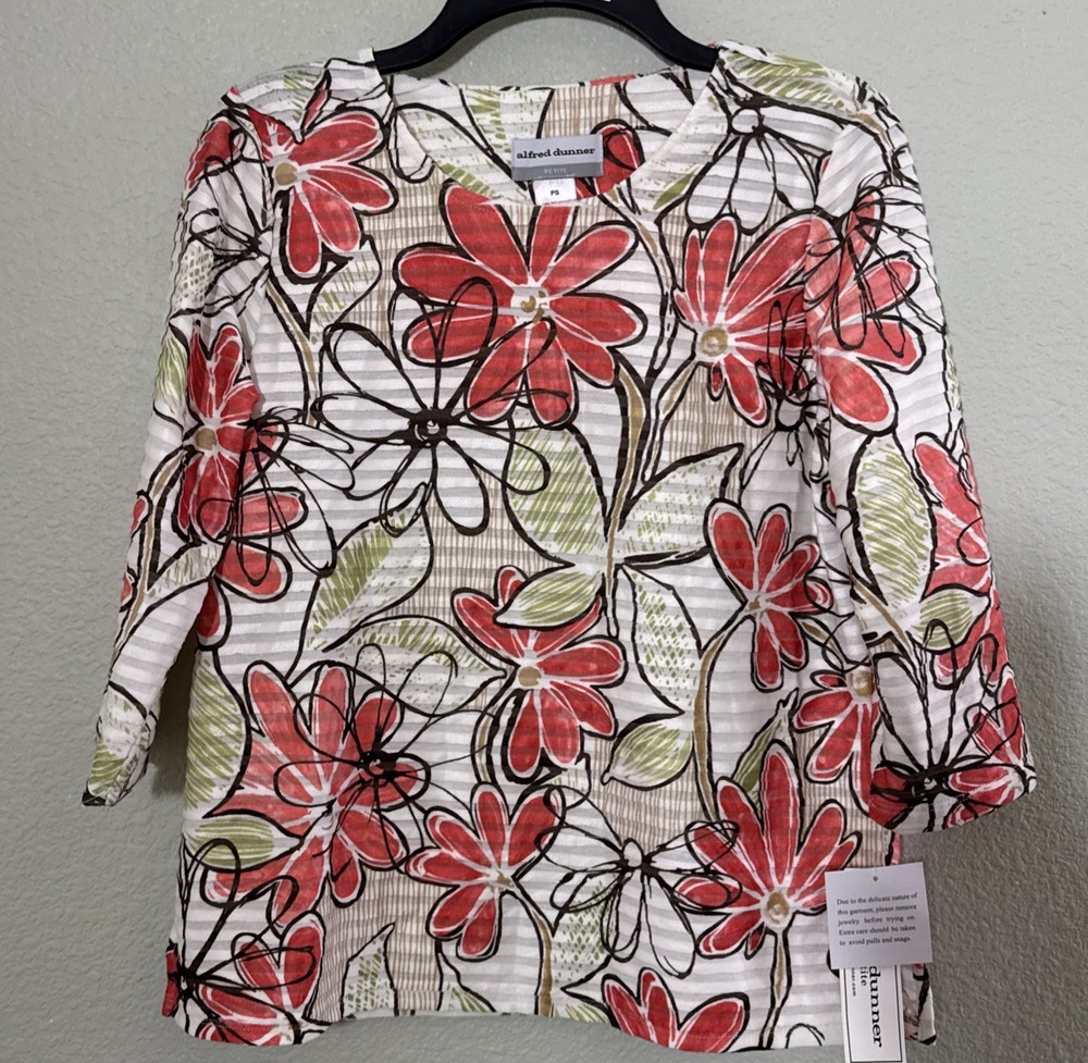 Alfred Dunner Women’s Top 3/4 Sleeve Floral Pettie Sm Machine Wash New