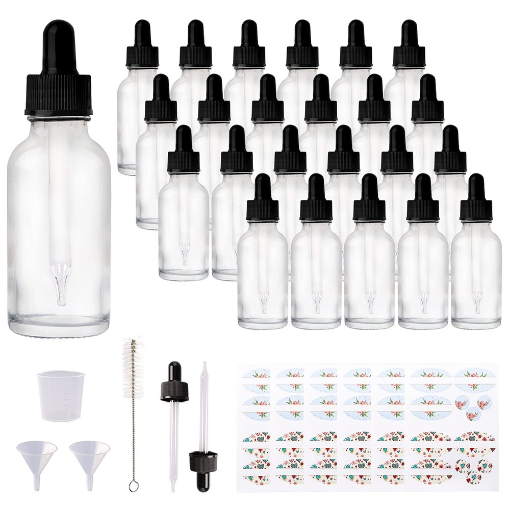 24 Pack 1oz Clear Glass Bottles with Glass Eye Droppers for Essential Oils, P...