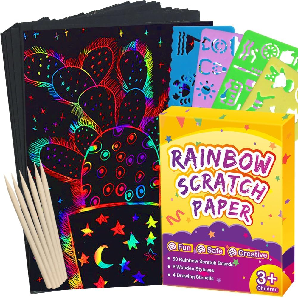 Rainbow Scratch Paper Art for Kids - 60 Pcs Magic Rainbow Scratch Paper off Set