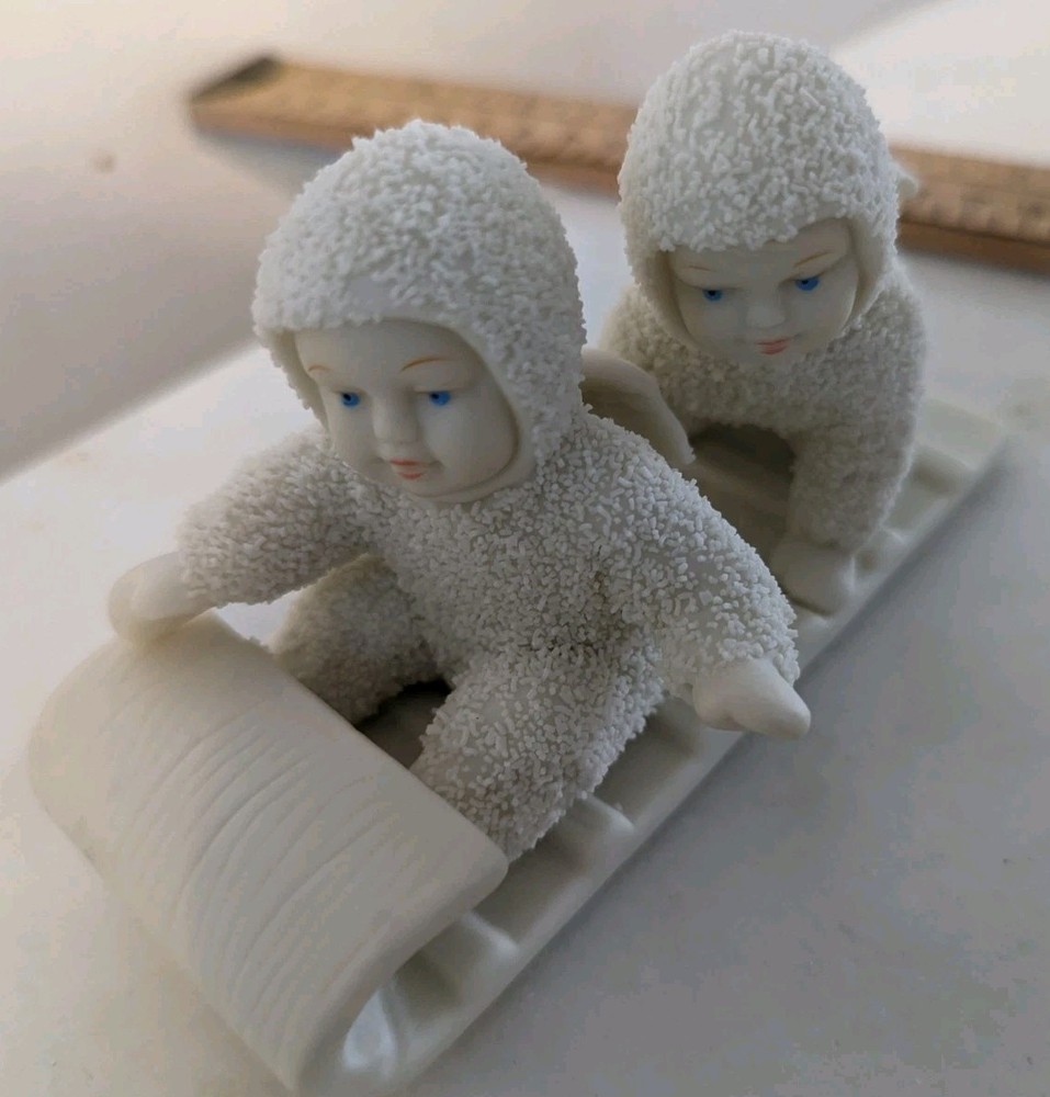 Dept 56 Snowbabies Angel Twins Riding Toboggan Down The Hill