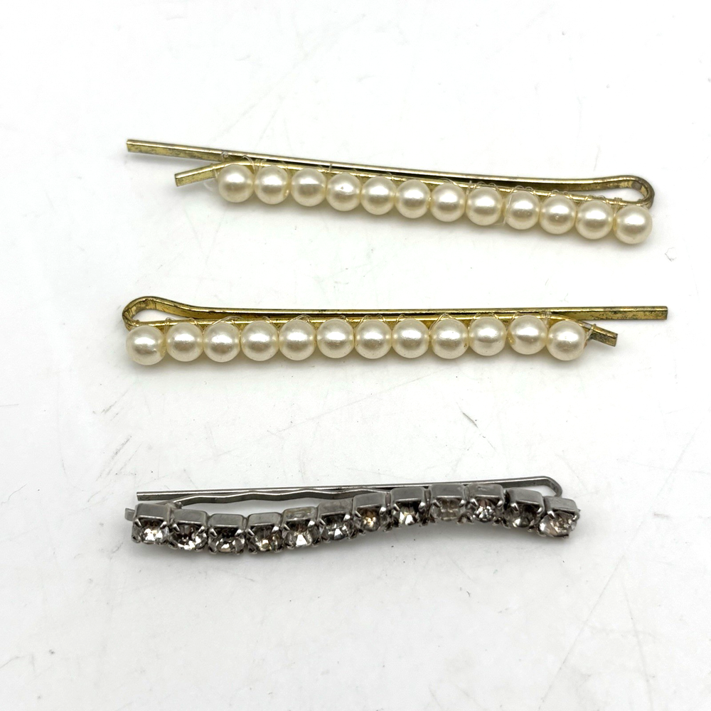 Lot of 3 Vintage Faux Pearl & Rhinestone Bobby Pin Hair Pin Barrettes