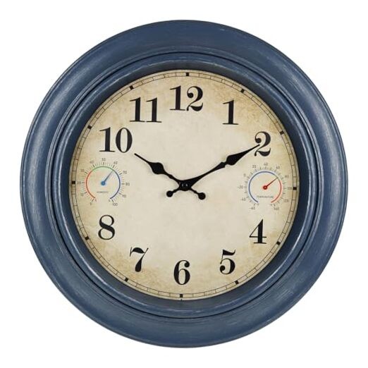 18 Inch Outdoor Clock Waterproof with Thermometer and Hygrometer Combo, 18 Blue
